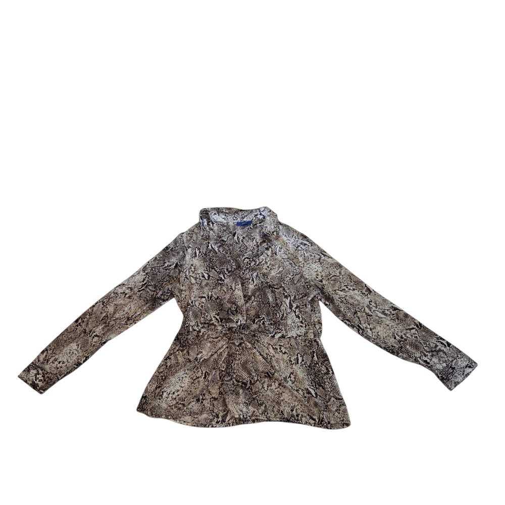 Apt.9 black, white and gray snakeskin print knotted long sleeve blouse, L. EUC.